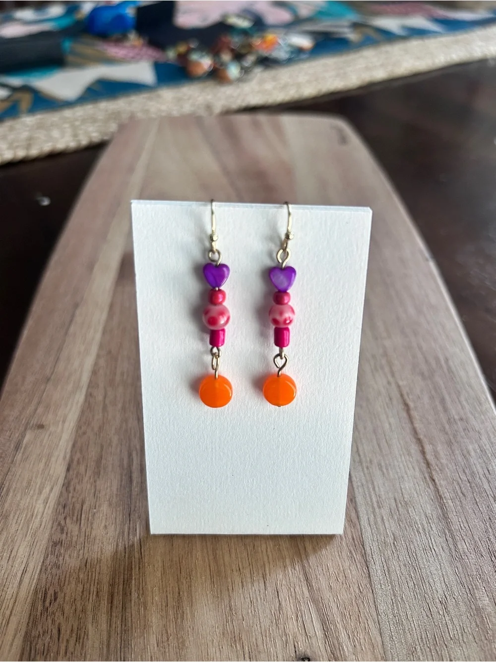 Handmade Purple, Pink & Orange Heart Bead Dangle Earrings